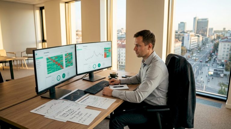 Finansų analitikas savo kabinete gilinasi į valiutų rinkos grafikus.