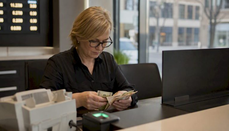 Prie valiutos keityklos langelio rankos kruopščiai skaičiuoja banknotus.