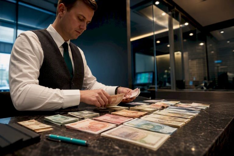 Retų valiutų banknotai keityklos patalpoje