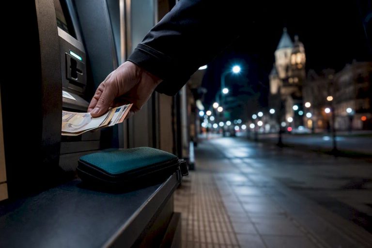 Keliautojas naktį naudojasi bankomatu