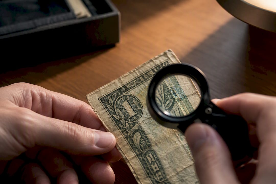 Naudotas dolerio banknotas ir numizmatikos lupa