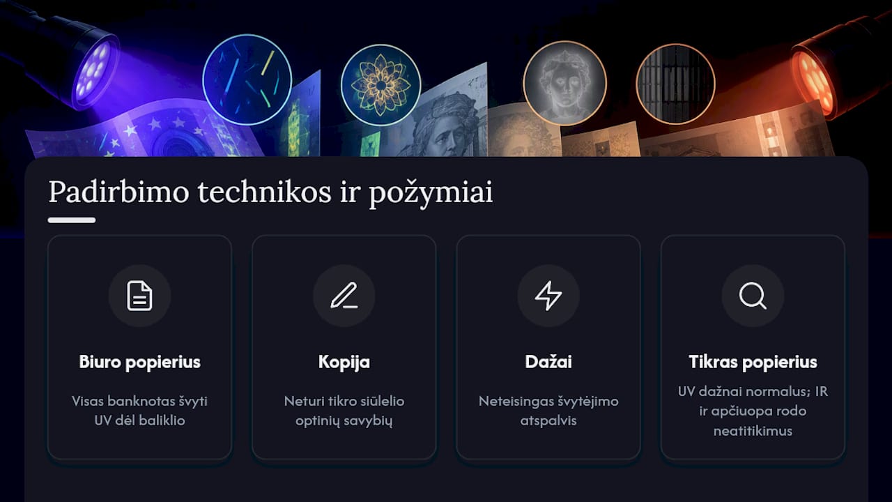Dažniausios banknotų padirbimo technikos, kurias atskleidžia UV ir IR tikrinimas — overview diagram