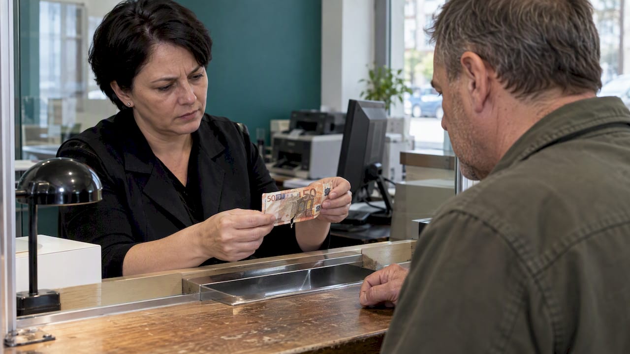 Darbuotoja priima pažeistą banknotą