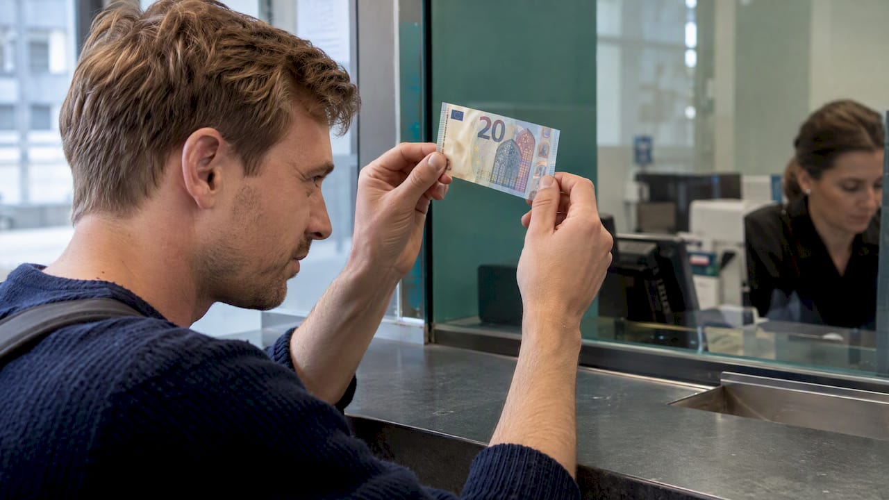 Keliautojas tikrina euro banknotą prieš šviesą