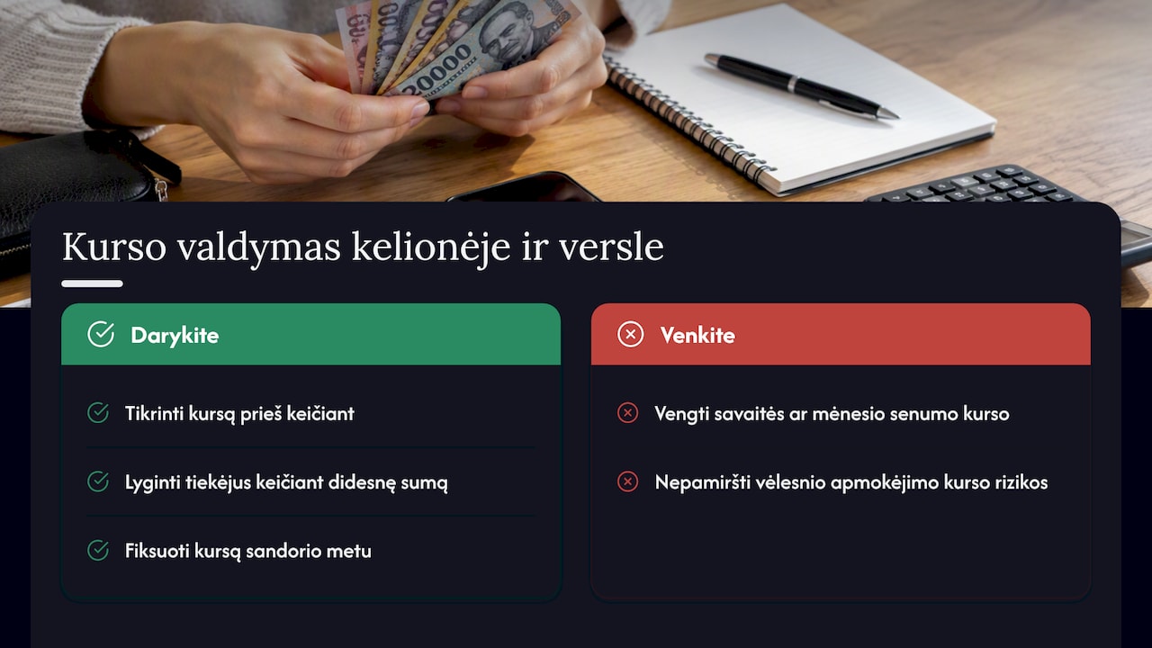 Kaip kurso svyravimai paveikia kelionę ar verslą — overview diagram