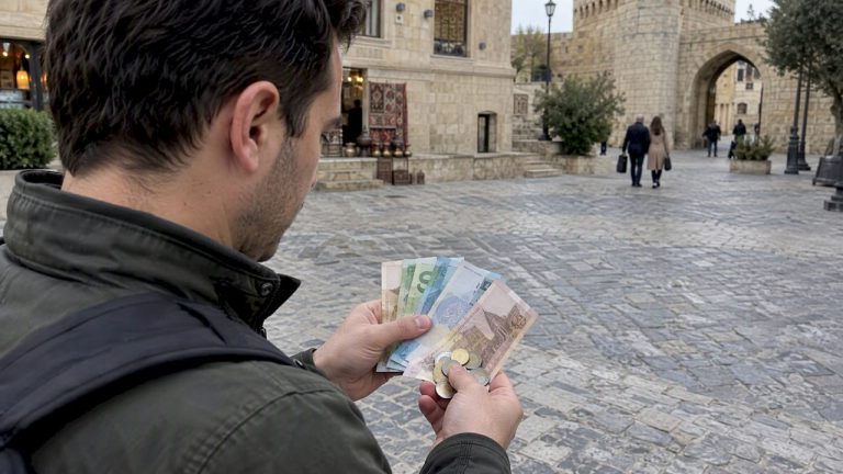 Keliautojas skaičiuoja Azerbaidžano manatus – banknotus ir monetas