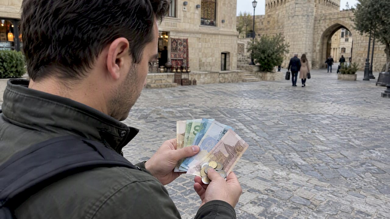 Keliautojas skaičiuoja Azerbaidžano manatus – banknotus ir monetas